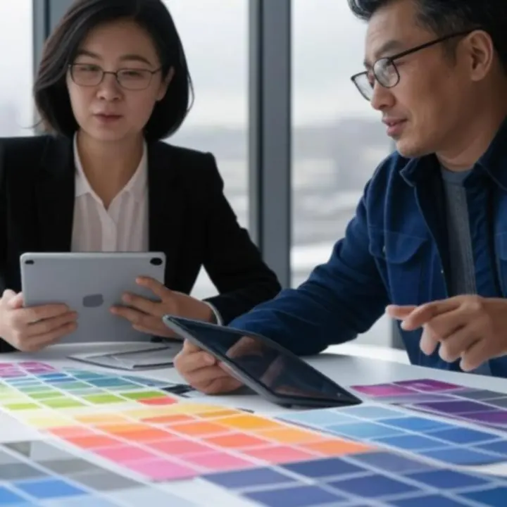 Ügyfél és designer együttműködése kreatív munkafolyamat közben.