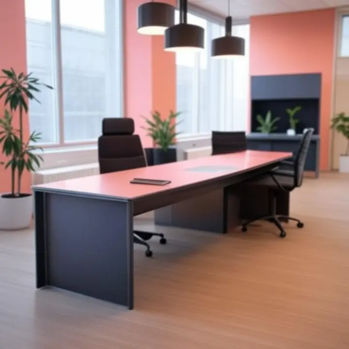 Kortárs irodatér koncepció markáns színekkel és letisztult vonalvezetéssel