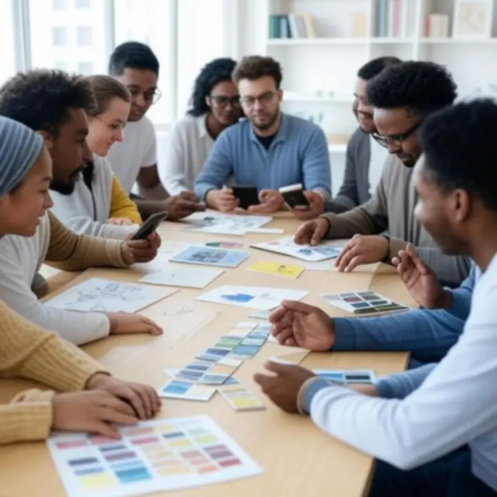 Tervezőcsapat közös ötletelése egy művészi stúdiókörnyezetben