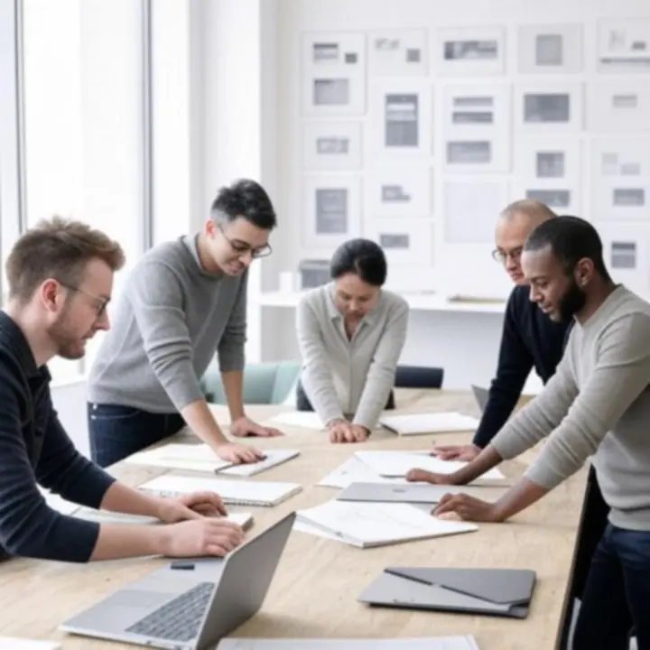 A DesignPulseeHub kreatív csapata közösen dolgozik egy projekten egy modern irodában